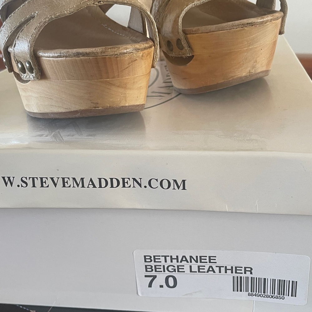 Steve Madden Beige Leather Cutout Platform Wedge Sandals HANDMADE - Picture 6 of 8